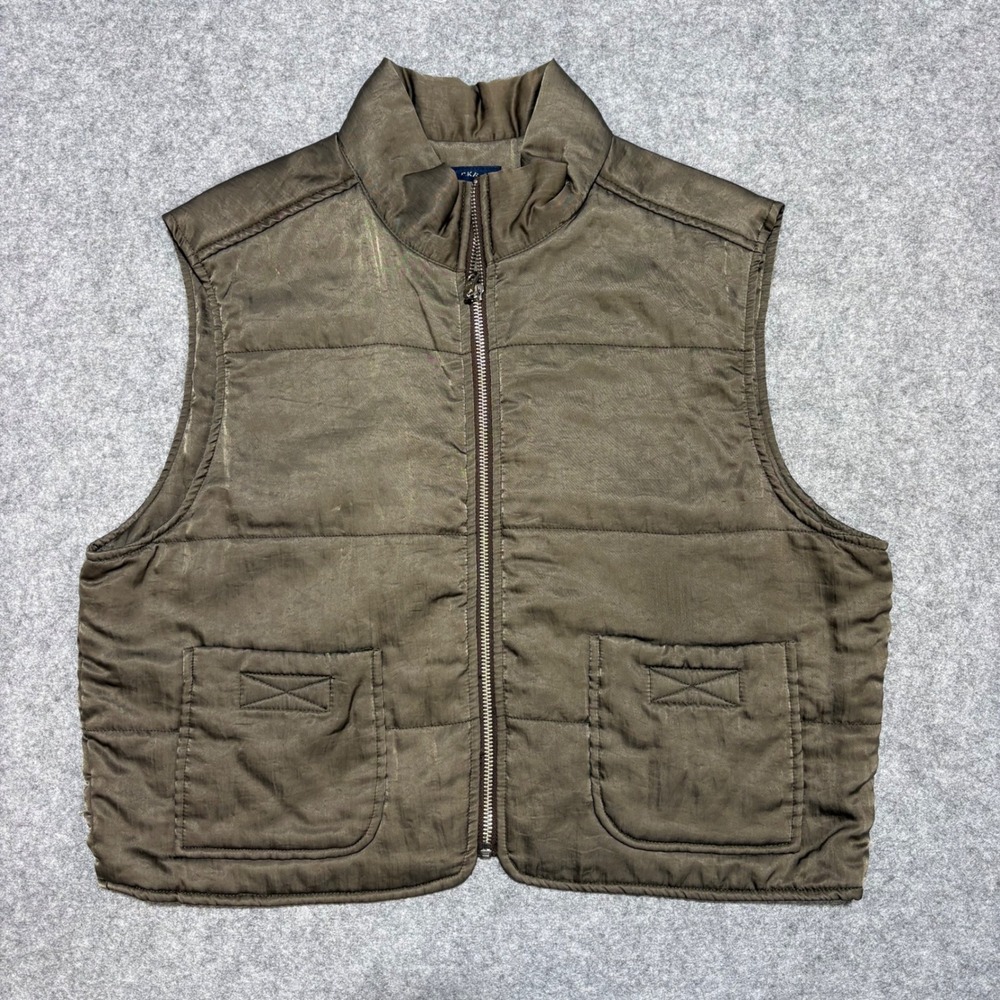 Vintage Dockers Puffer Vest Mens Large Green Bronze Quilted Full Zip Sleeveless